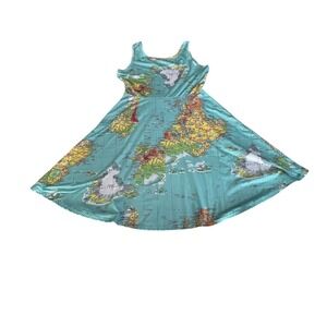 World Map Print Skater Dress Sleeveless Teal Geography Teacher Novelty Large